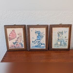 Set of Three Vintage Style Prints on Wood Boys Artist T. Jones & N. Clark